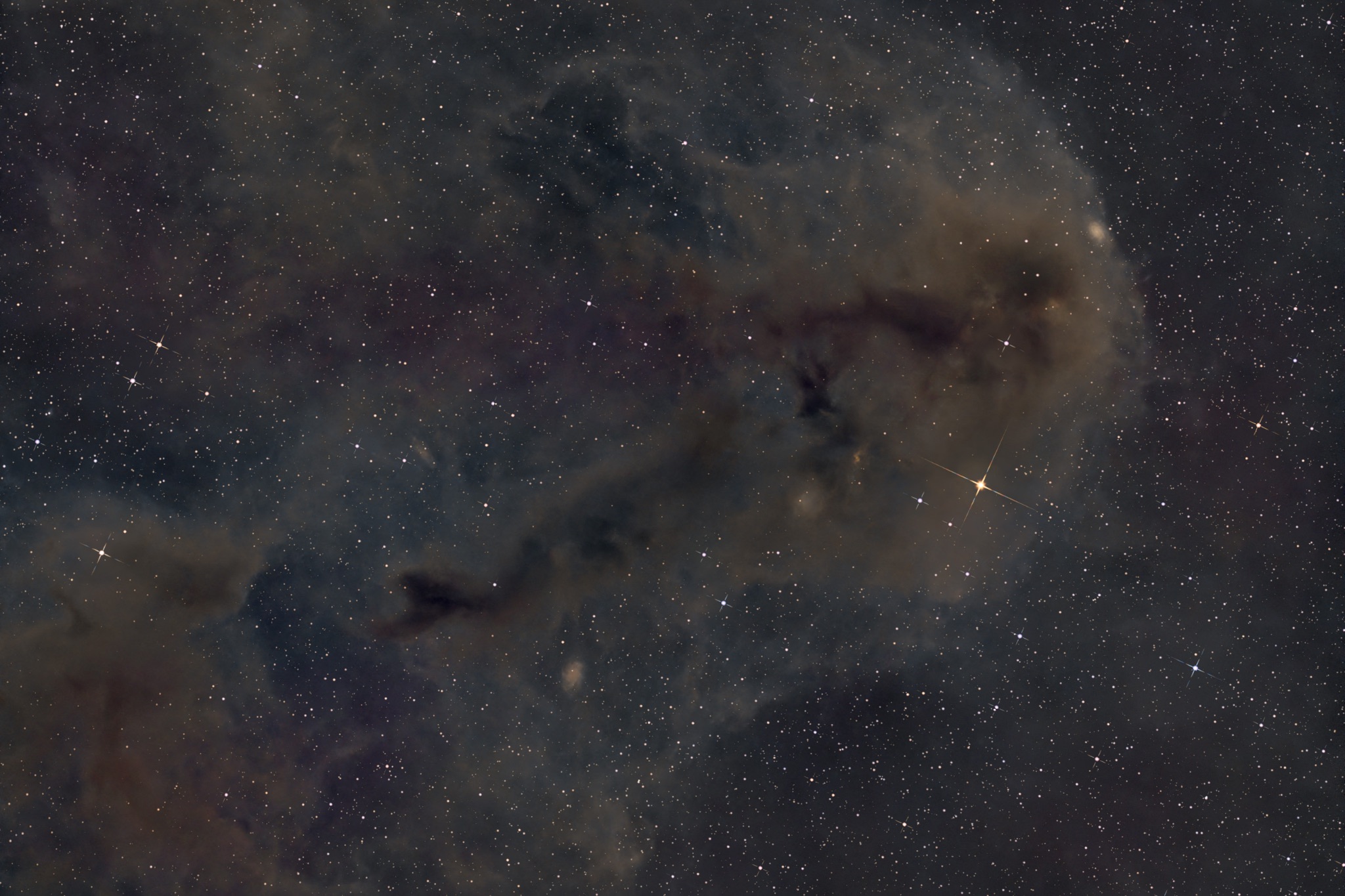 Large amounts of interstellar matter can be found in the Cepheus/Cassiopeia region. Here also lies the little-known dark nebula LDN 1251 from the Lynds catalog of dark nebulae.